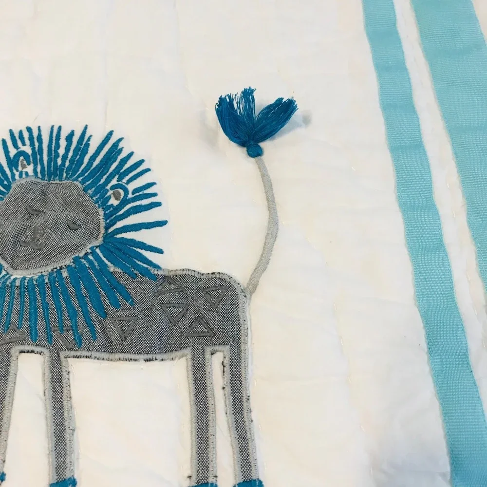 Pottery Barn Baby Quilt Lion Organic Cotton Blanket Toddler Kid Crib Aqua